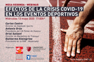 Mesa redonda-webinar “Efectos de la crisis COVID-19 en los eventos deportivos! El evento, organizado por GEDA, tendrá lugar el próximo miércoles 13 de mayo.