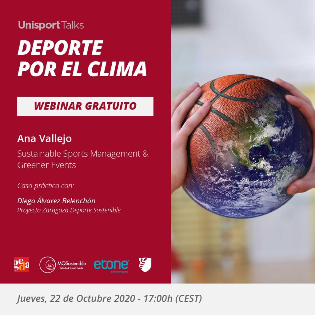 El próximo jueves 22 de octubre, a las 17h, podremos seguir online este webinar en el que Ana Vallejo —Consultora experta en proyectos de gestión medioambiental y sostenibilidad para las organizaciones deportivas— nos hablará del “Deporte por el Clima”, un plan de acompañamiento a las organizaciones públicas y privadas que forman parte de la industria del deporte, para el cumplimiento de la Ley de Cambio Climático y Transición Energética, siendo menos contaminantes y más eficientes. Durante el webinar podremos conocer un caso práctico que nos presentará Diego Álvarez Belenchón, del Proyecto Zaragoza Deporte Sostenible.