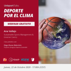 El próximo jueves 22 de octubre, a las 17h, podremos seguir online este webinar en el que Ana Vallejo —Consultora experta en proyectos de gestión medioambiental y sostenibilidad para las organizaciones deportivas— nos hablará del “Deporte por el Clima”, un plan de acompañamiento a las organizaciones públicas y privadas que forman parte de la industria del deporte, para el cumplimiento de la Ley de Cambio Climático y Transición Energética, siendo menos contaminantes y más eficientes. Durante el webinar podremos conocer un caso práctico que nos presentará Diego Álvarez Belenchón, del Proyecto Zaragoza Deporte Sostenible.