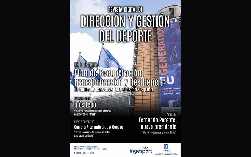 Ya está disponible el nº 28 de DIRECCIÓN Y GESTIÓN DEL DEPORTE, la revista digital de FAGDE. La sede de la Unión Europea es la imagen de una portada que dedica su espacio central al Plan de Recuperación, Transformación y Resiliencia elaborado por el Gobierno de España.