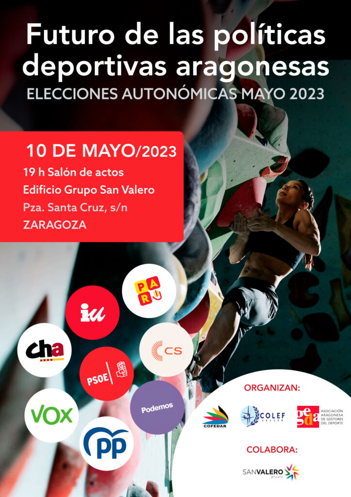 La Asociación de Gestores del Deporte de Aragón (GEDA), junto a Confederación de Federaciones Deportivas de Aragón (COFEDAR) y el Colegio Oficial de Educadores Físicos de Aragón (COLEFA) han preparado de manera conjunta la jornada “El Futuro de las Políticas Deportivas Aragonesas“. 