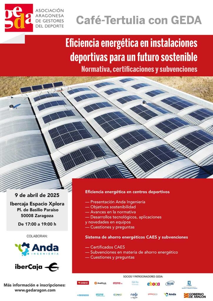 Jornada de trabajo en donde debatiremos sobre la eficiencia energética en centros deportivos, sistemas de ahorro energético, certificados CAES y de subvenciones del sector para E.E